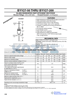 BYV27-150 datasheet - GLASS PASSIVATED FAST EFFICIENT RECTIFIER