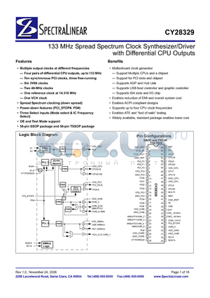 CY28329ZXC datasheet - 133 MHz Spread Spectrum Clock Synthesizer/Driver with Differential CPU Outputs