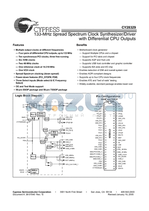 CY28329ZXCT datasheet - 133-MHz Spread Spectrum Clock Synthesizer/Driver with Differential CPU Outputs