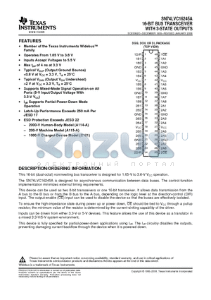 74LVC16245ADGVRE4 datasheet - 16-BIT BUS TRANSCEIVER WITH 3-STATE OUTPUTS