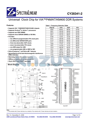 CY28341ZC-2T datasheet - Universal Clock Chip for VIAP4M/KT/KM400 DDR Systems