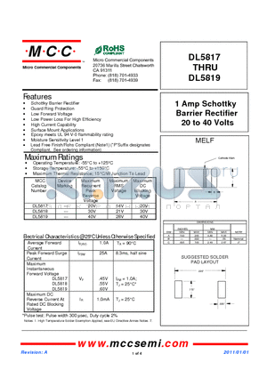DL5817 datasheet - 1 Amp Schottky Barrier Rectifier 20 to 40 Volts