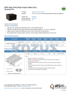 ATS014014012-SF-3K datasheet - 14.00 x 14.00 x 12.00 mm BGA Heat Sink (High Aspect Ratio Ext.) Straight Fin