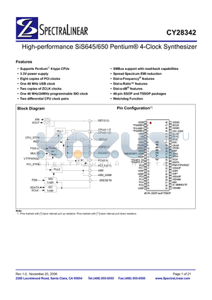 CY28342OC datasheet - High-performance SiS645/650 Pentium^ 4-Clock Synthesizer