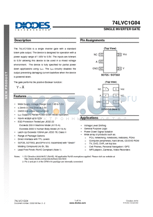 74LVC1G04 datasheet - SINGLE INVERTER GATE