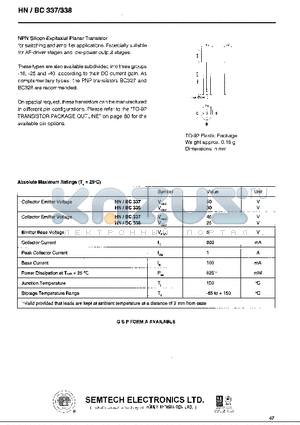 BC337 datasheet - NPN Silicon Epitaxial Planar Transistor for switching and amplifier applications