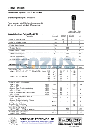 BC337 datasheet - NPN Silicon Epitaxial Planar Transistor