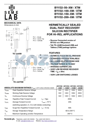 BYV32-150-XM datasheet - HERMETICALLY SEALED DUAL FAST RECOVERY SILICON RECTIFIER FOR HI.REL APPLICATIONS