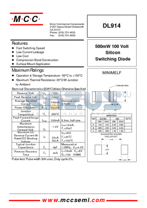 DL914 datasheet - 500mW 100 Volt Silicon Switching Diode