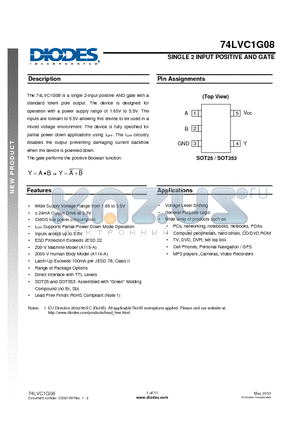 74LVC1G08SE-7 datasheet - SINGLE 2 INPUT POSITIVE AND GATE