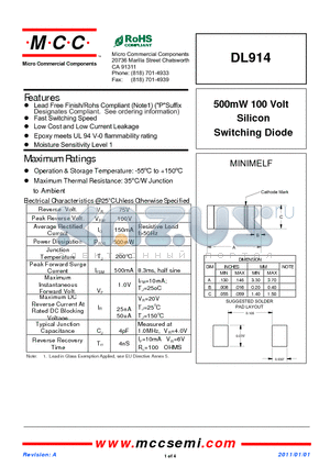 DL914 datasheet - 500mW 100 Volt Silicon Switching Diode