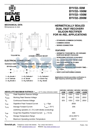 BYV3250M0 datasheet - HERMETICALLY SEALED DUAL FAST RECOVERY SILICON RECTIFIER FOR HI.REL APPLICATIONS