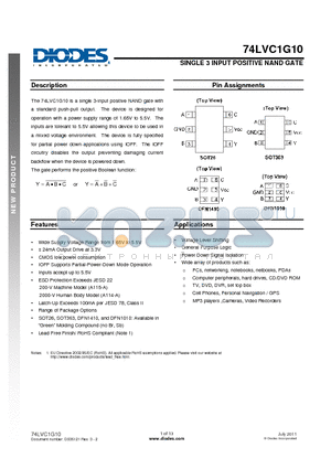 74LVC1G10W6-7 datasheet - SINGLE 3 INPUT POSITIVE NAND GATE