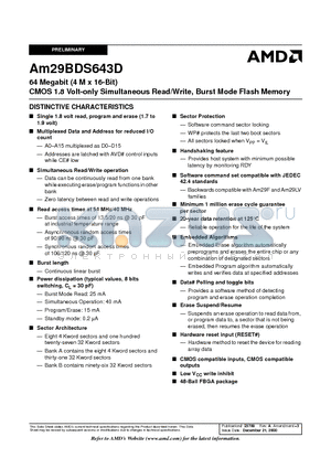 AM29BDS643DT9AWLI datasheet - 64 Megabit (4 M x 16-Bit) CMOS 1.8 Volt-only Simultaneous Read/Write, Burst Mode Flash Memory