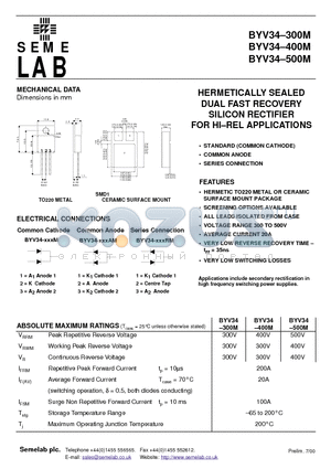 BYV34-300M datasheet - HERMETICALLY SEALED DUAL FAST RECOVERY SILICON RECTIFIER FOR HI.REL APPLICATIONS