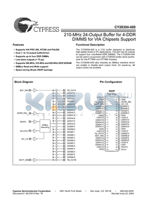 CY28354OXC-400T datasheet - 210-MHz 24-Output Buffer for 4-DDR DIMMS for VIA Chipsets Support