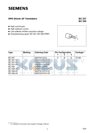 BC337-40 datasheet - NPN Silicon AF Transistors (High current gain High collector current Low collector-emitter saturation voltage)