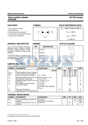 BYV34-400 datasheet - Dual rectifier diodes ultrafast