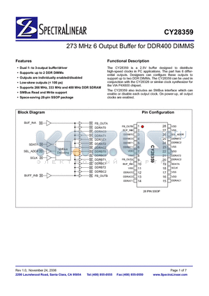 CY28359OI datasheet - 273 MHz 6 Output Buffer for DDR400 DIMMS