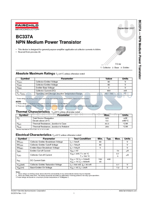 BC337A datasheet - NPN Medium Power Transistor