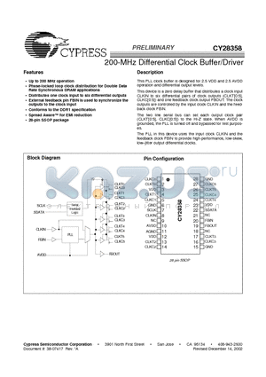 CY28358OCT datasheet - 200-MHz Differential Clock Buffer/Driver