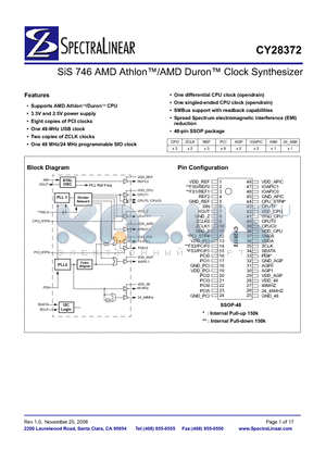 CY28372OXCT datasheet - SiS 746 AMD Athlon/AMD Duron Clock Synthesizer