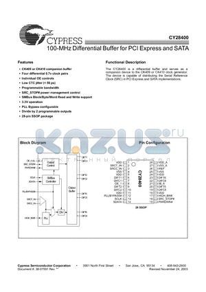 CY28400 datasheet - 100-MHz Differential Buffer for PCI Express and SATA