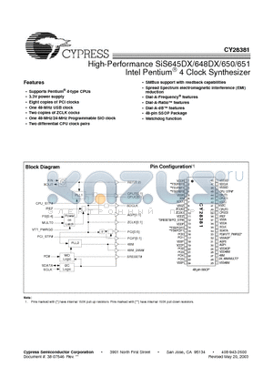CY28381 datasheet - High-Performance SiS645DX/648DX/650/651 Intel Pentium 4 Clock Synthesizer