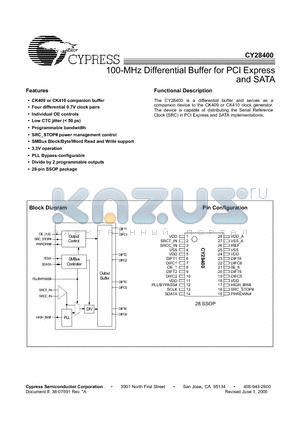 CY28400OC datasheet - 100-MHz Differential Buffer for PCI Express and SATA
