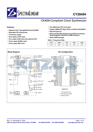CY28404 datasheet - CK409-Compliant Clock Synthesizer