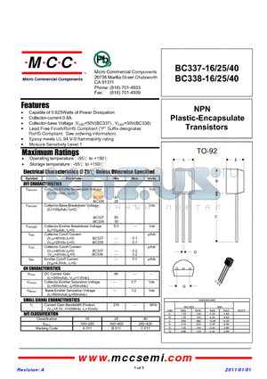 BC338-25 datasheet - NPN Plastic-Encapsulate Transistors