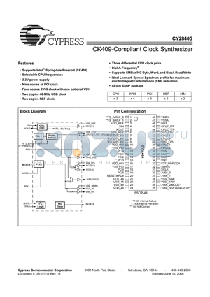 CY28405 datasheet - CK409-Compliant Clock Synthesizer