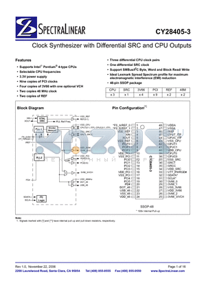 CY28405OC-3 datasheet - Clock Synthesizer with Differential SRC and CPU Outputs