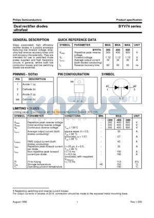 BYV74-300 datasheet - Dual rectifier diodes ultrafast