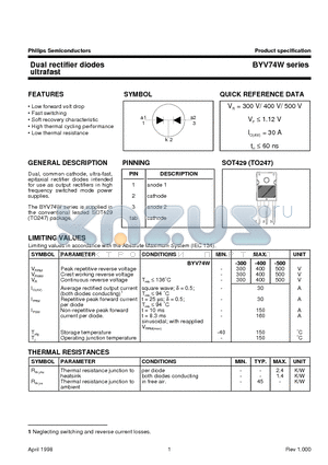 BYV74W datasheet - Dual rectifier diodes ultrafast