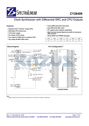CY28409OCXT datasheet - Clock Synthesizer with Differential SRC and CPU Outputs