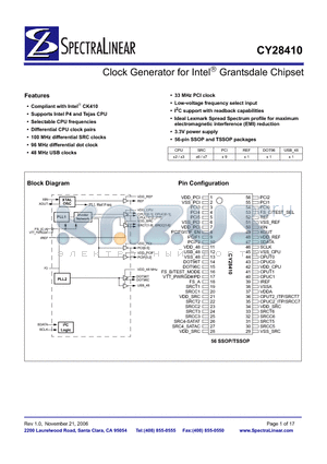 CY28410 datasheet - Clock Generator for Intel Grantsdale Chipset