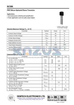 BC369 datasheet - PNP Silicon Epitaxial Planar Transistor
