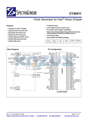 CY28411OXC datasheet - Clock Generator for Intel Alviso Chipset