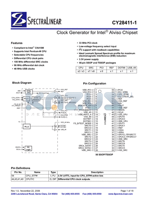 CY28411ZXC-1 datasheet - Clock Generator for Intel Alviso Chipset