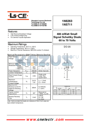 1N6263 datasheet - 400 mWatt Small Signal Schottky Diode 60 to 70 Volts