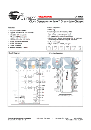 CY28435OXCT datasheet - Clock Generator for Intel Grantsdale Chipset