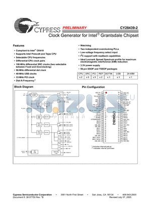 CY28439OXC-2T datasheet - Clock Generator for Intel Grantsdale Chipset