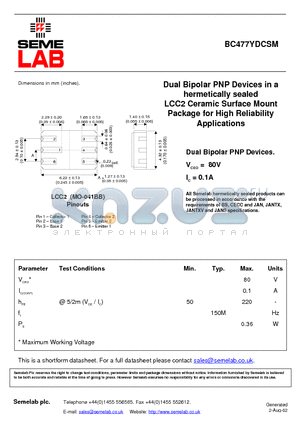 BC477YDCSM datasheet - Dual Bipolar PNP Devices in a hermetically sealed