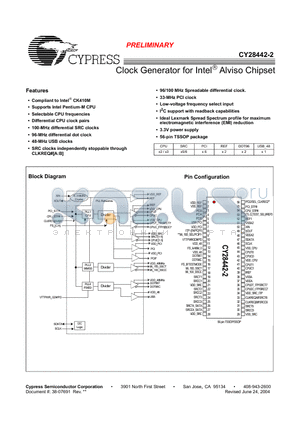CY28442-2 datasheet - Clock Generator for Intel Alviso Chipset