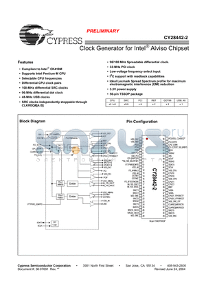 CY28442ZXC-2T datasheet - Clock Generator for Intel Alviso Chipset