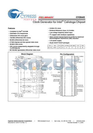 CY28443ZXC datasheet - Clock Generator for Intel^ Calistoga Chipset