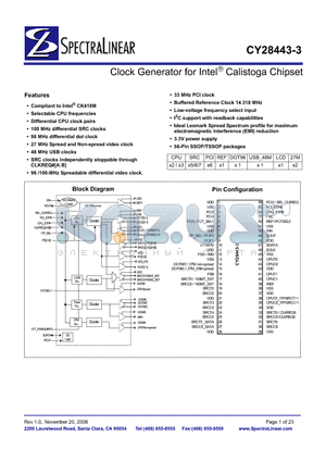 CY28443ZXC-3T datasheet - Clock Generator for Intel^ Calistoga Chipset