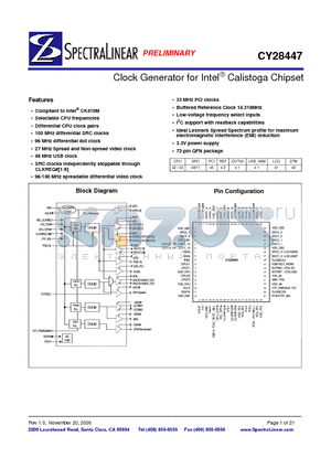 CY28447LFXCT datasheet - Clock Generator for Intel^ Calistoga Chipset