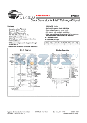 CY28447LFXCT datasheet - Clock Generator for Intel Calistoga Chipset